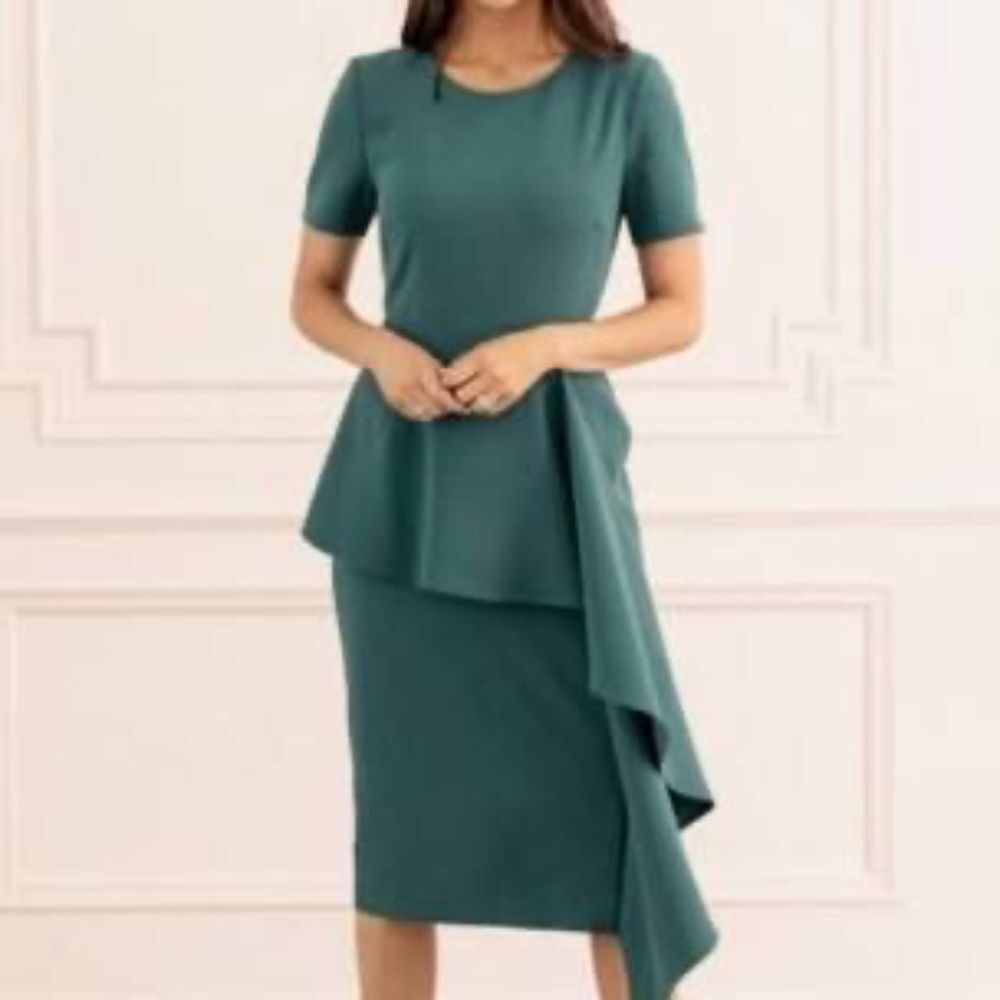 Rachel Parcell Teal Green Cyrus Sheath‎ Cascade Ruffle Draped Dress Sz L